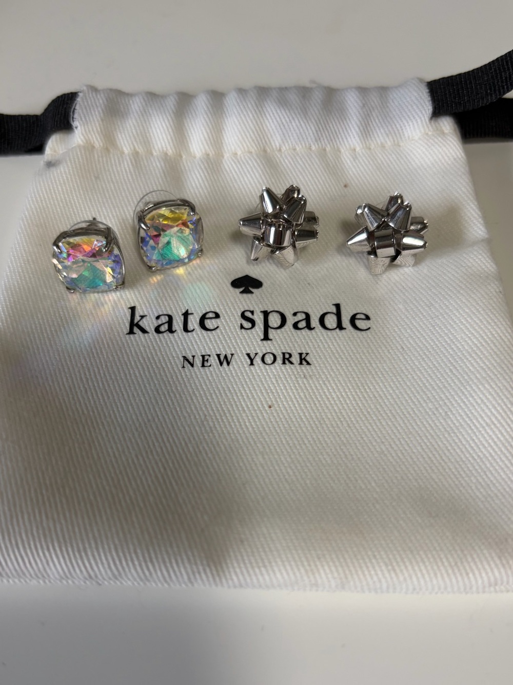 Kate Spade Earring Set with Iridescent Crystal and Silver Bows